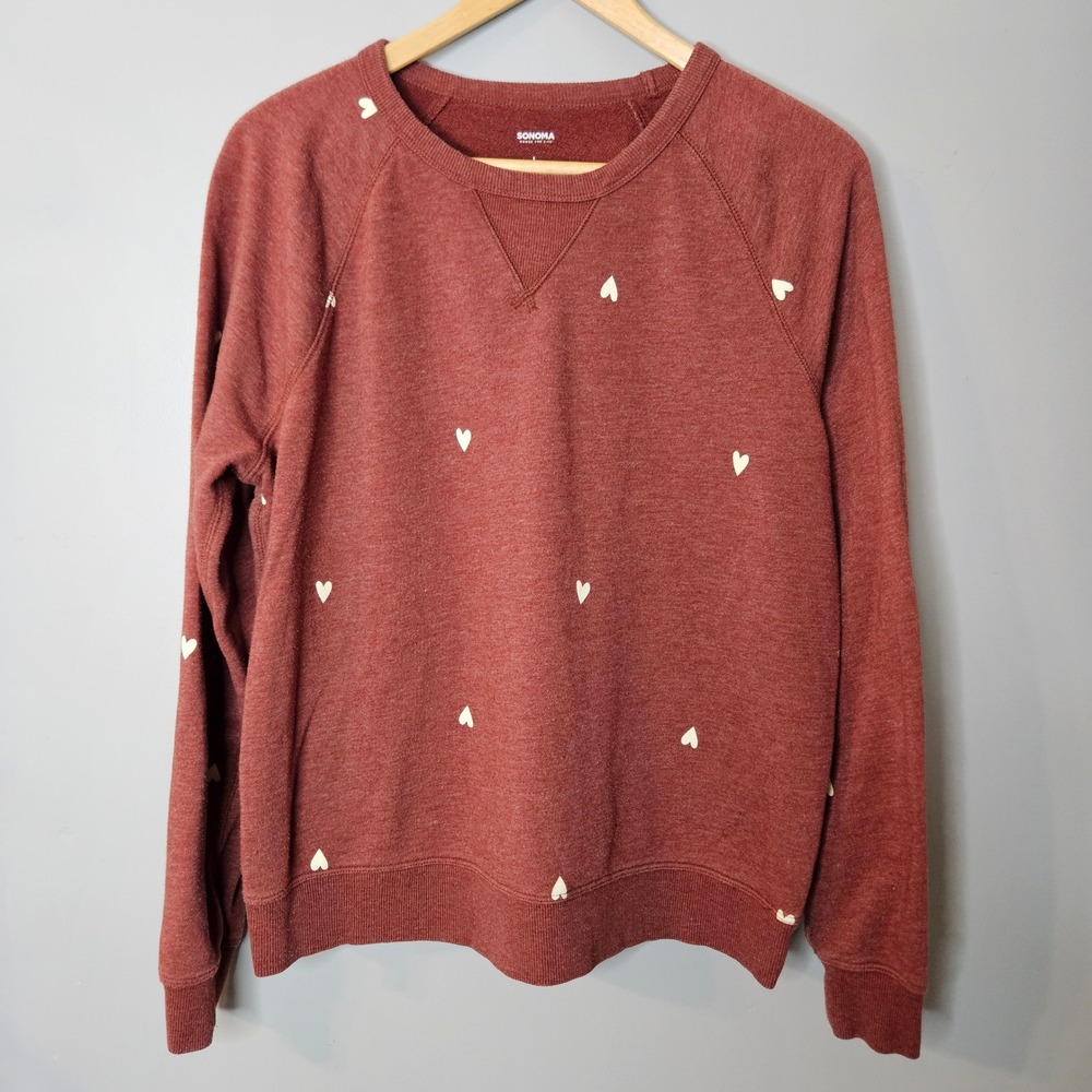 Sonoma Goods For Life Womens‎ Heart Print Raglan Sweatshirt Rust Red Large